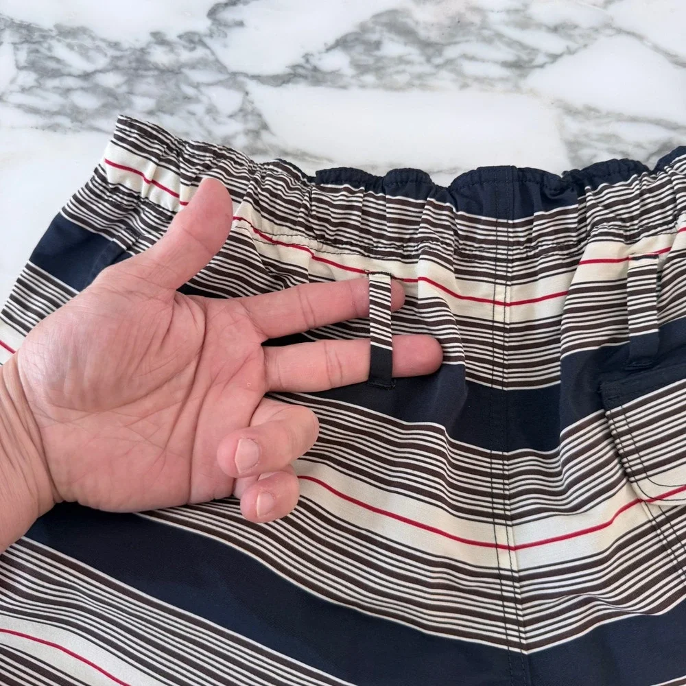 Prada UB378 Men's Medium Navy Blue White striped technical fabric swim trunks